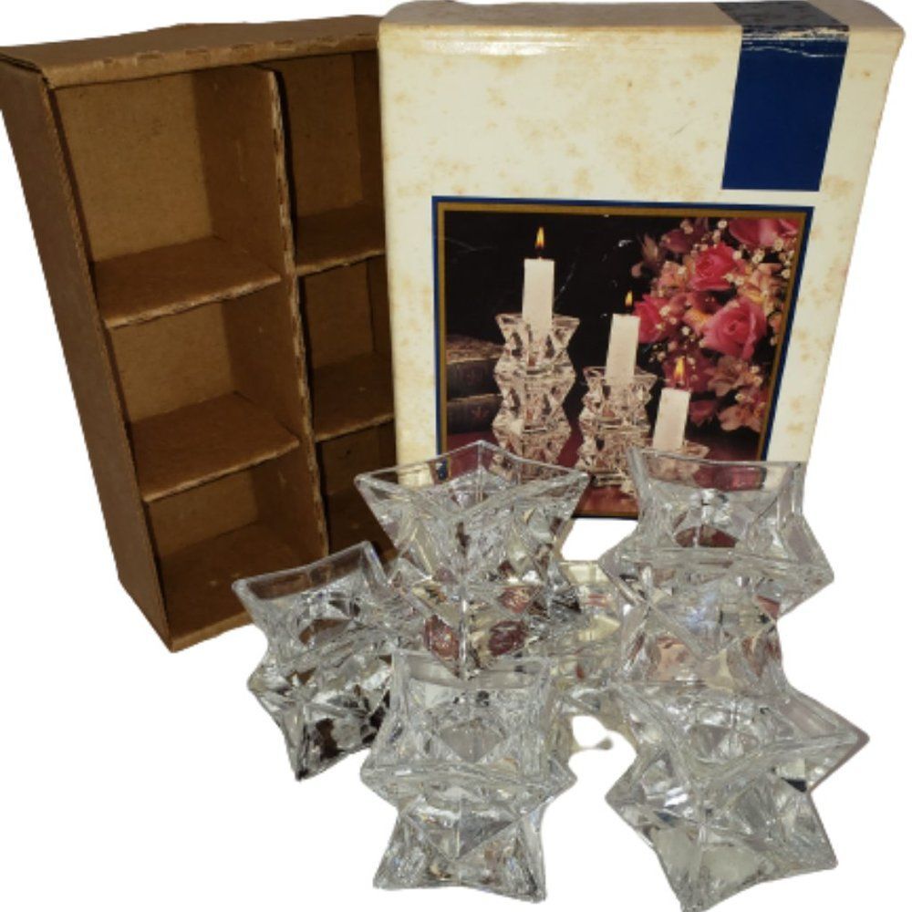 Vintage Illusions 24% Lead Crystal 6 Star Candle Holders May Stores Made In USA